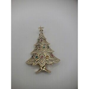 Vintage Monet Christmas Tree Brooch Pin Womens Gold Tone Jewelry Costume